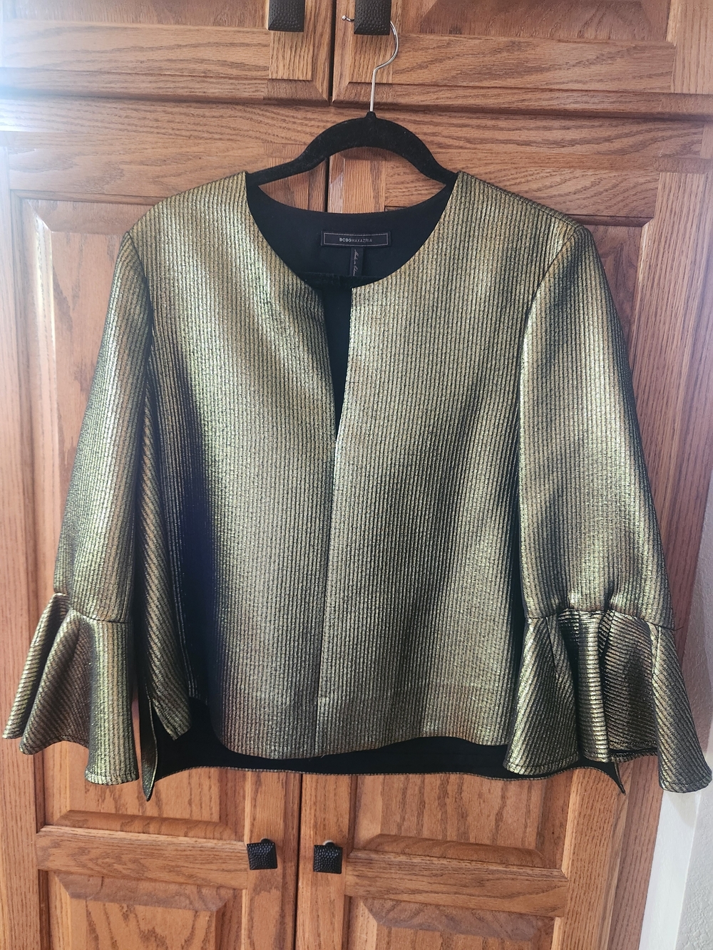 BCBGMAXAZRIA Metallic Flare Sleeve Blouse